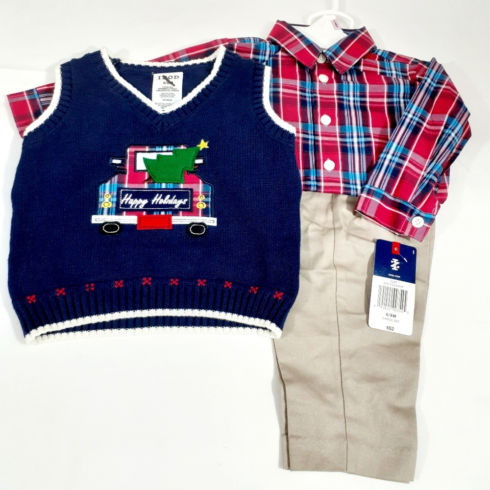 Izod Infant Boy's 3PC Dress Up Blue Vest, khaki Pants & plaid Shirt Set Sz 6/9M